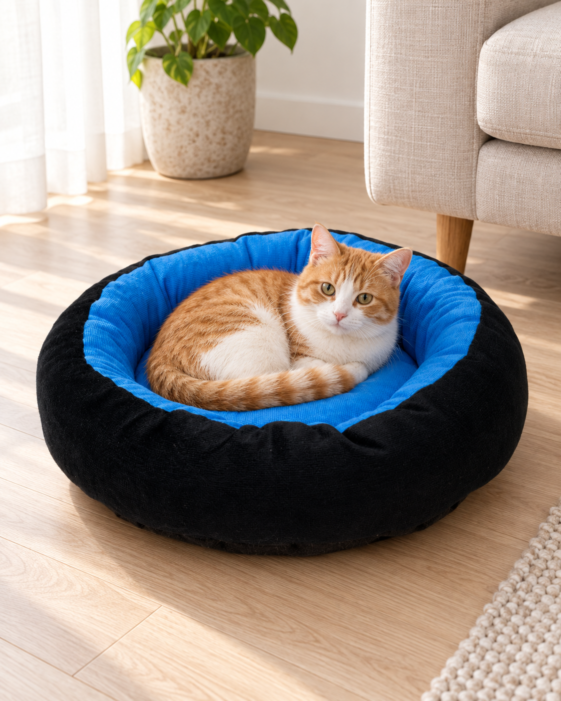 A round pet bed with a black plush exterior and a bright blue interior, shown on a light wood floor with an orange and white cat resting inside. A beige armchair and potted plant are visible in the background.