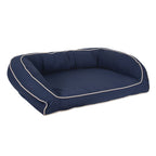 Navy blue pet bed with white piping on a white background