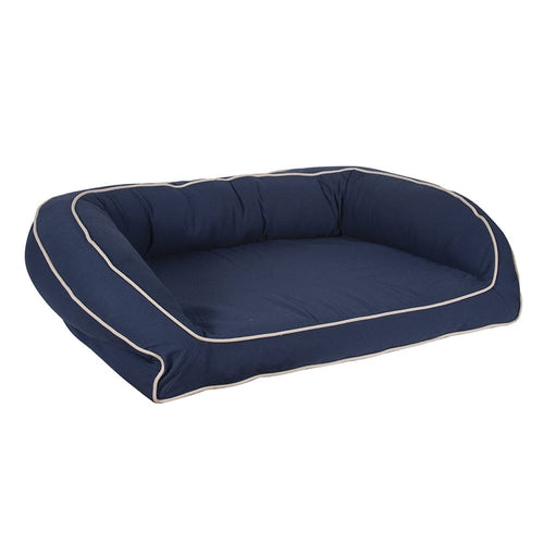 Navy blue pet bed with white piping on a white background