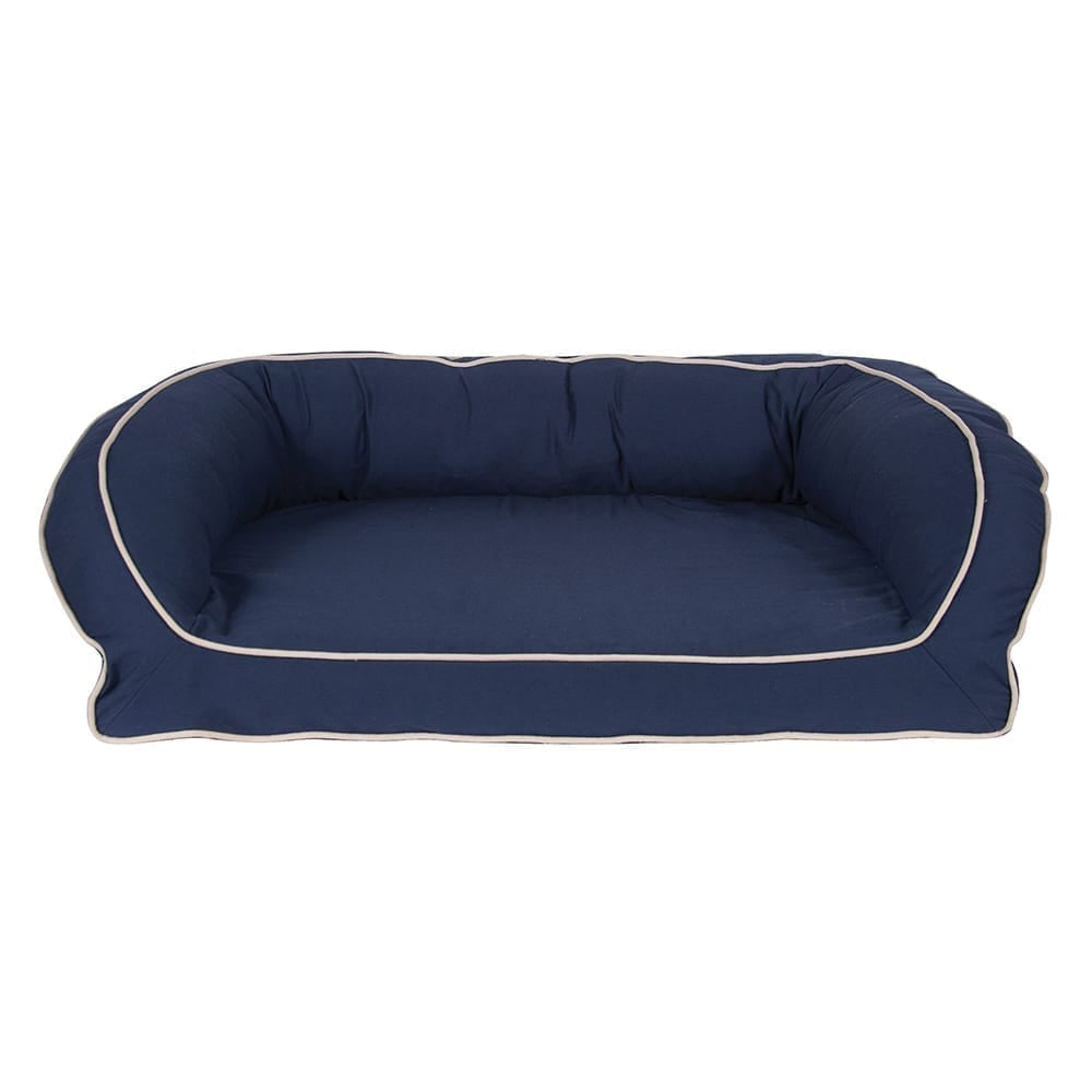 Navy blue pet bed with white trim on a white background