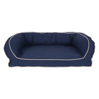 Navy blue pet bed with white trim on a white background