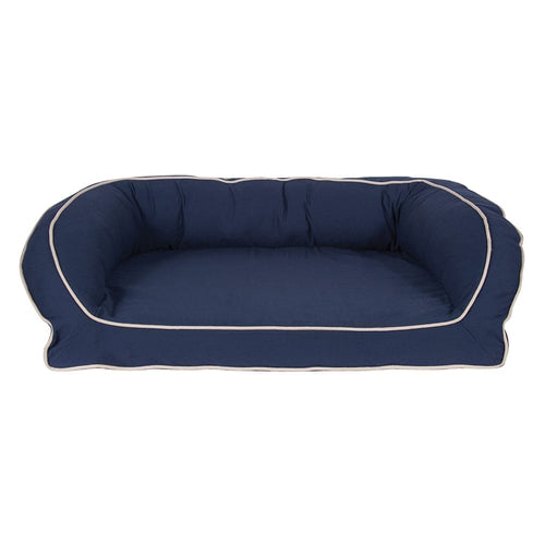 Navy blue pet bed with white trim on a white background