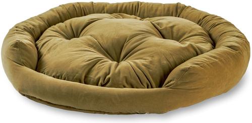 A round, tufted pet bed in a warm olive-brown velvet fabric, shown against a plain white background.