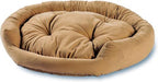 A round, tufted pet bed in a warm tan or camel color, shown against a plain white background.