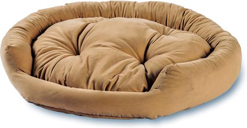 A round, tufted pet bed in a warm tan or camel color, shown against a plain white background.