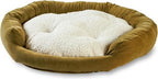 Dog bed with brown exterior and white interior on a white background