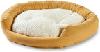 Round pet bed with beige exterior and white interior on a white background