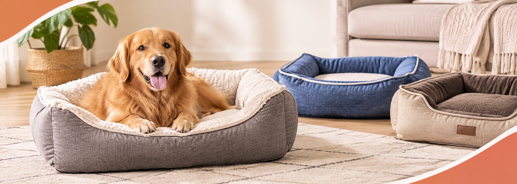 A golden retriever dog rests comfortably in a plush gray pet bed with a cream lining, set in a bright living room. Two additional pet beds, one blue and one beige, are visible in the background.