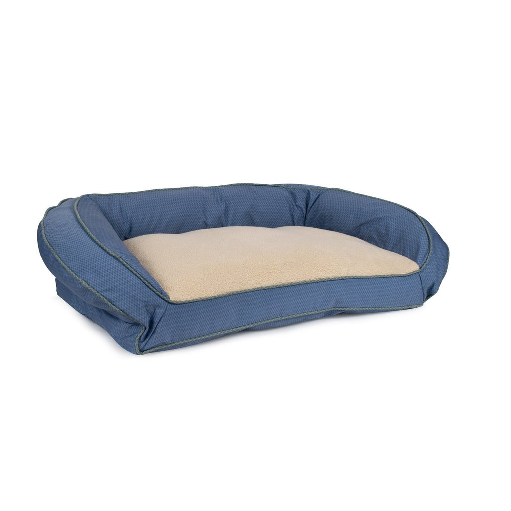 Blue pet bed with beige cushion on a white background