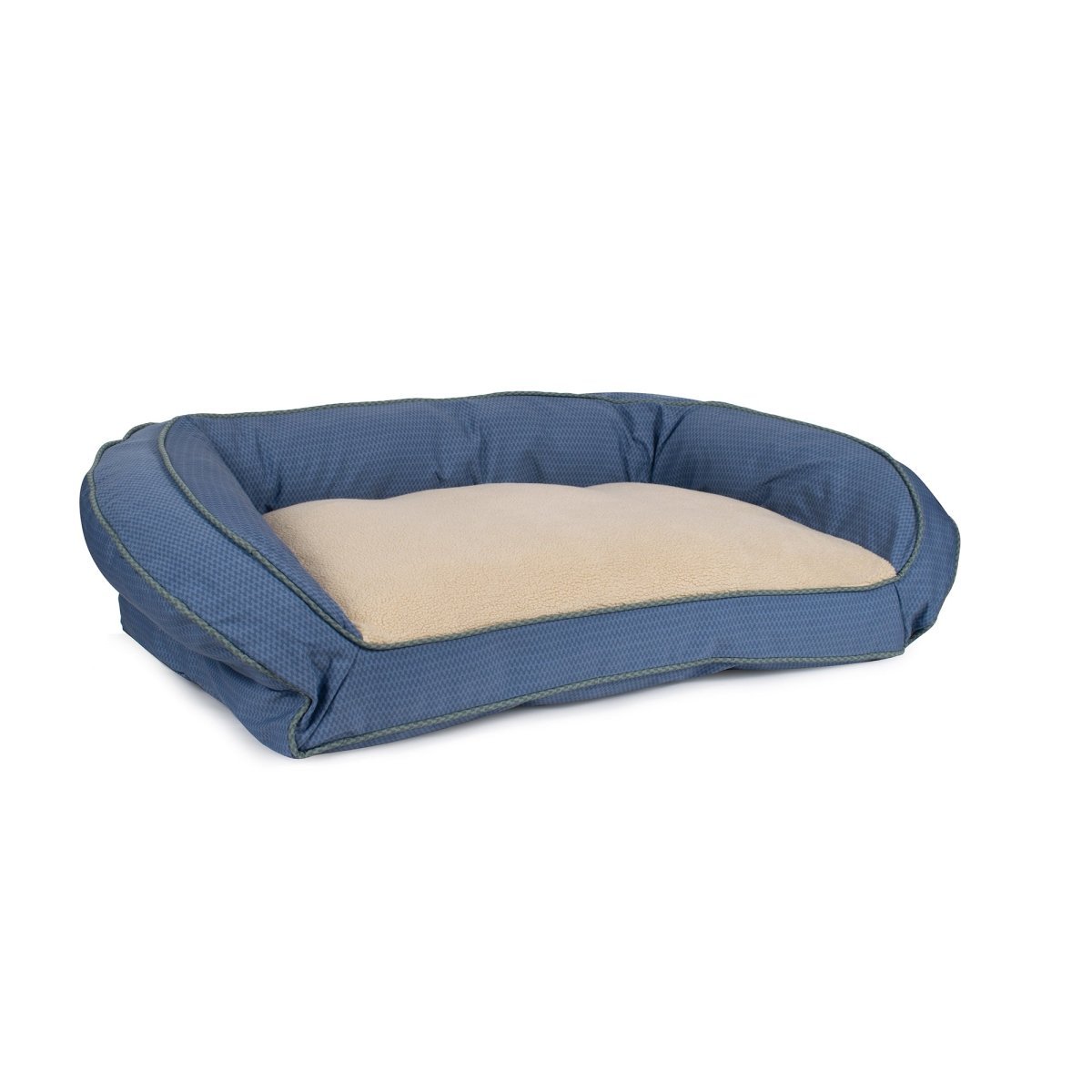 Blue pet bed with beige cushion on a white background