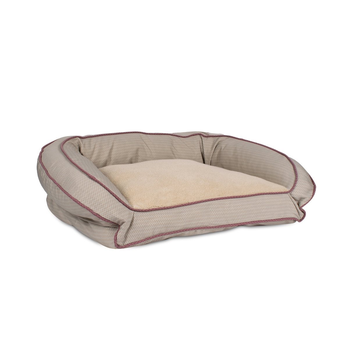 Dog bed with beige cushion and brown border on a white background