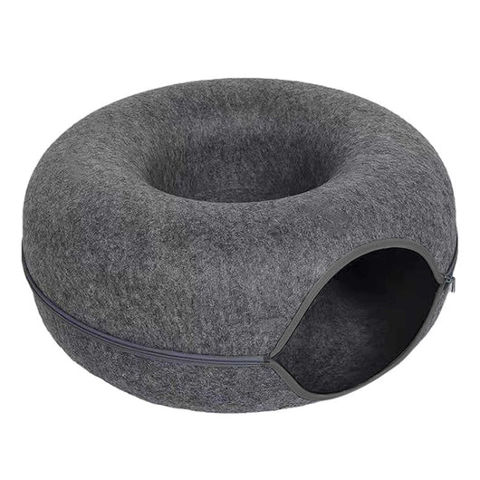 Gray donut-shaped pet bed on a white background