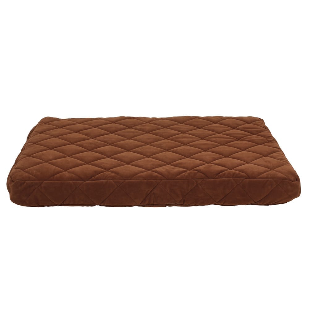 Brown quilted pet bed on a beige background